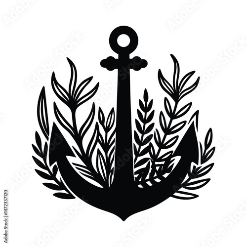 Silhouette of a anchor stuck in ocean bed with sea plants