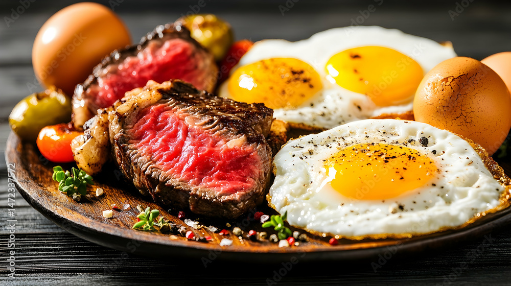 A hearty breakfast featuring grilled steak and fried eggs A hearty breakfast featuring grilled steak and fried eggs