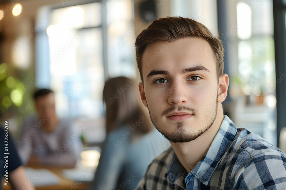 Obraz premium Portrait of Young Man in Casual Checkered Shirt in Modern Cafe