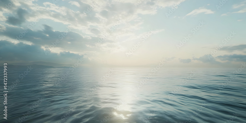 Obraz premium Serene Ocean Horizon with Soft Sunlight and Gentle Waves