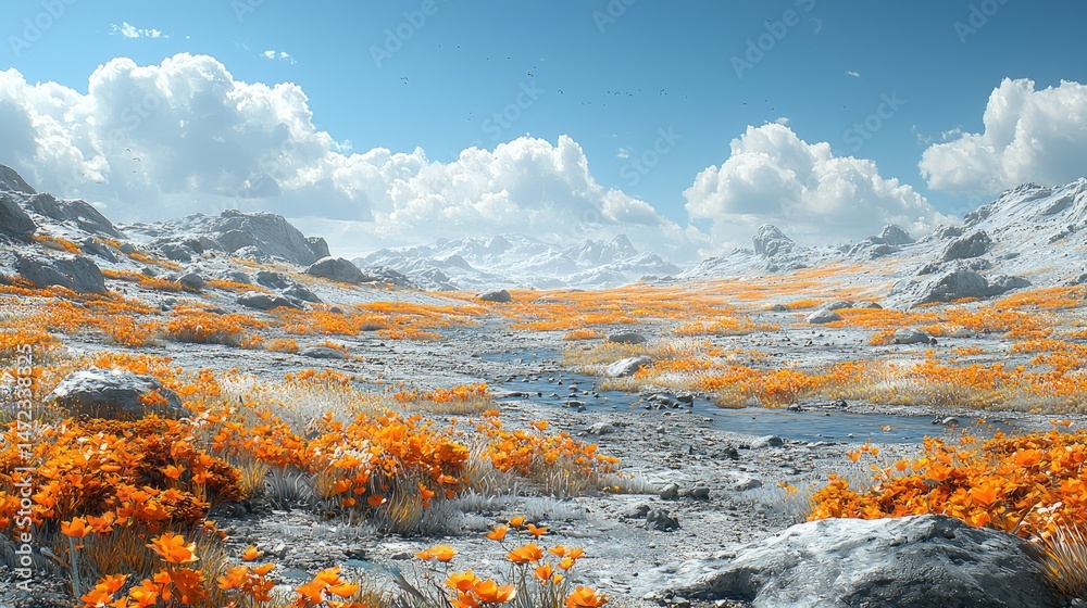 Obraz premium Serene Mountain Meadow with Orange Blooms and Snowy Peaks