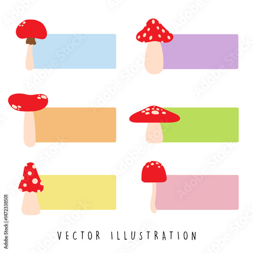 Cute Colorful Mushrooms with Pastel Text Box Set Colorful Vector for Notes and Labels