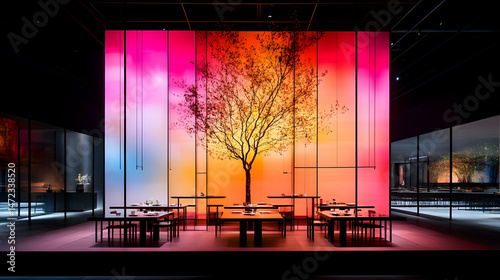 Modern dining experience with vibrant, colorful panels