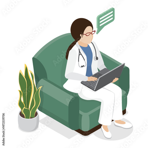 Beautiful female doctor sitting at laptop. Online consultation concept. Isometric vector illustration without face.