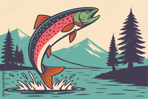 44 Vibrant stylized trout illustration, jumping fish, colorful scales, pink and orange hues, green dorsal fin, mountain lake background, pine forest silhouette, calm water reflection, retro nature pos