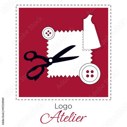 logo atelier, pattern, fabric, scissors, button, sewing, vector Logo Atelier, boutique, women's clothing store, stroke, fashion
