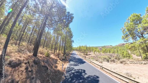 Rear view of road and receding landscape in motion on a sunny day. Gran Canaria, Canary Islands, Spain. 4K camera facing backward from a moving vehicle through scenic terrain.