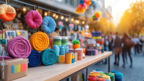 Brightly colored yarn and craft supplies are displayed at an outdoor artisan market on a sunny day now.
