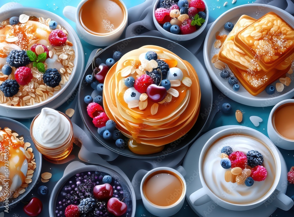Delicious Stack of Fluffy Pancakes with Berries, Oats, and Syrup Surrounded by Coffee, Yogurt, and Sweet Treats in Morning Breakfast Spread Delicious Stack of Fluffy Pancakes with Berries, Oats, and Syrup Surrounded by Coffee, Yogurt, and Sweet Treats in Morning Breakfast Spread