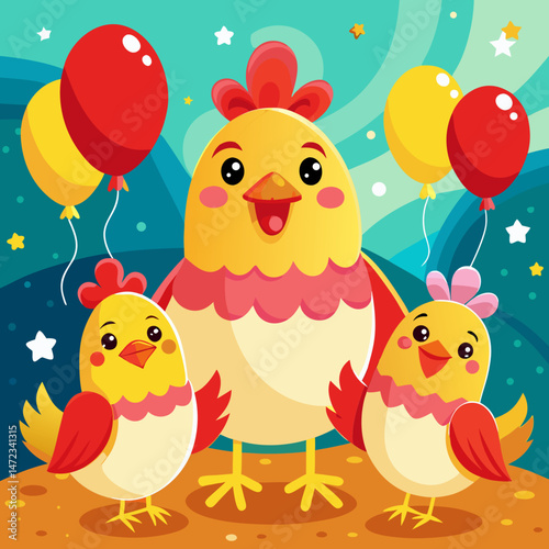 Happy Hen Family with Balloons Festive Cartoon Illustration