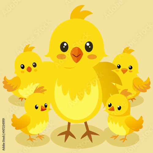 Cute Yellow Mother Hen with Three Baby Chicks Illustration