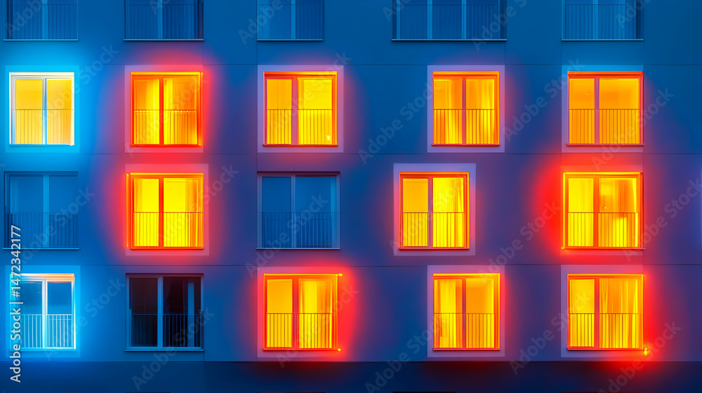 Naklejka premium Illuminated apartment building facade at night, showcasing diversely lit windows