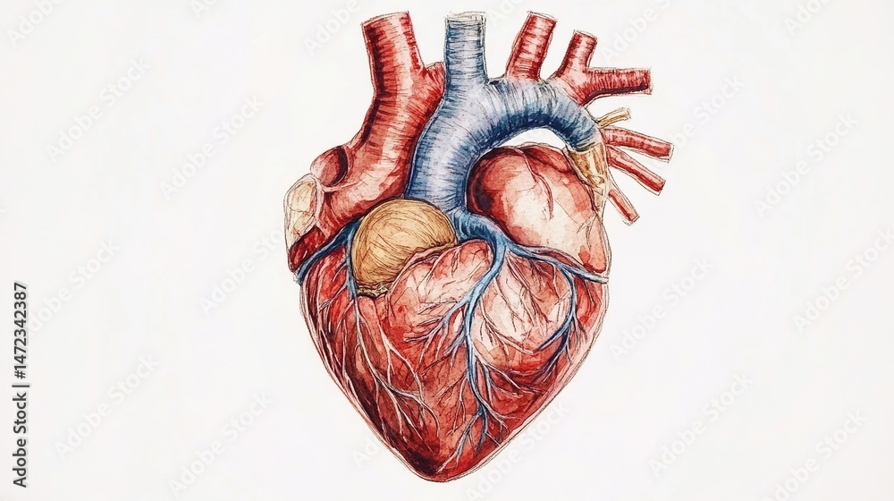 Naklejka premium Watercolor painting of a human heart with visible arteries and veins on white background.