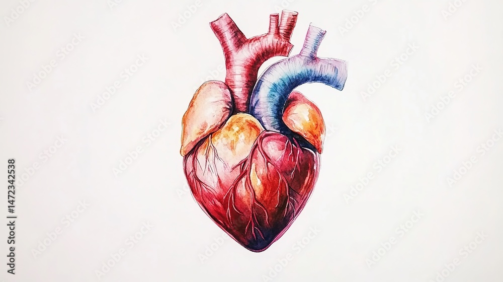 Naklejka premium Watercolor painting of a human heart with visible arteries and veins on white background.