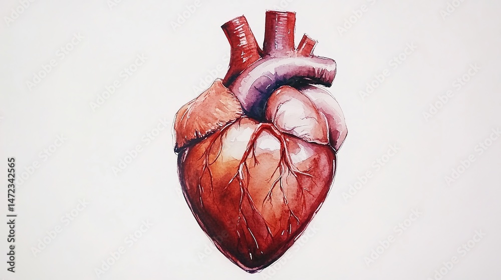 Naklejka premium Watercolor painting of a human heart with visible arteries and veins on white background.
