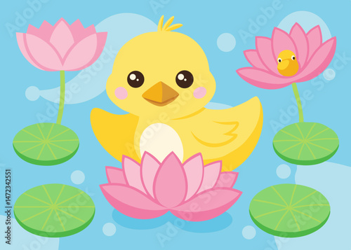 Cute Yellow Duckling Sitting on Pink Lotus Flower in Pond