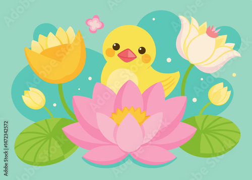 Cute Yellow Chick Among Pink and Yellow Lotus Flowers