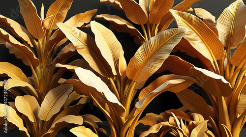 Golden Banana leaves with Stucco Stems and Leaves An elegant 3D floral background. Elegant 3D Floral Background Featuring Golden Banana leaves with Stucco Stems and Leaves.
