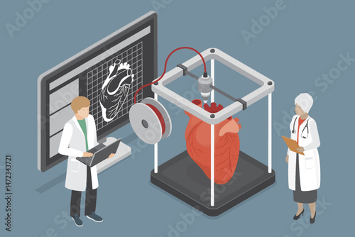 A team of researchers prints a model of a heart on a 3D printer. Concept of medical printing of organs for transplantation. Isometric vector illustration.