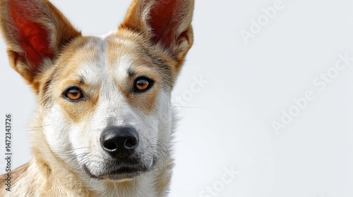 A beautiful mixed breed dog gazes directly forward with focused attention against a bright white background.