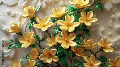 Golden Jasmine with Stucco Stems and Leaves An elegant 3D floral background. Elegant 3D Floral Background Featuring Golden Jasmine with Stucco Stems and Leaves