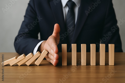 Preventing Domino Effect: A businessman's hand intervenes to stop a line of falling dominoes, symbolizing crisis aversion and strategic risk management.