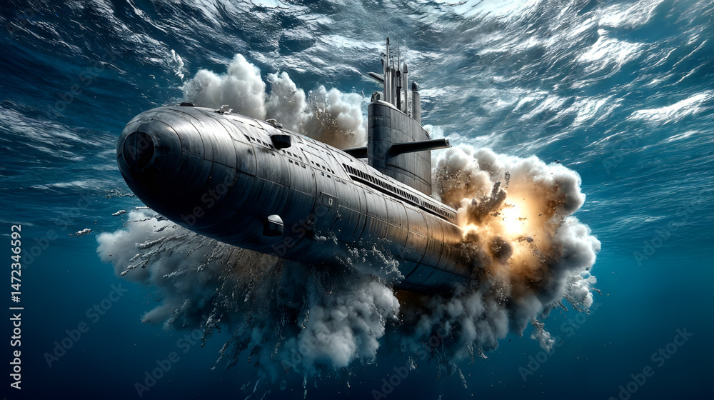 Naklejka premium Submarine surfaces dramatically through water with explosive power under ocean waves