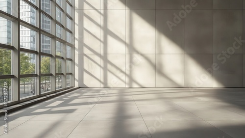 Sunlight Illuminating Minimalist Room with Concrete Walls and Large Window