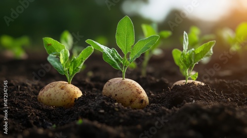 Emerging potato plants break ground in fertile soil, signaling new growth and promising harvest to come.