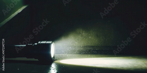 Power outage scene flashlight casting angled beam in darkness scattered objects on floor