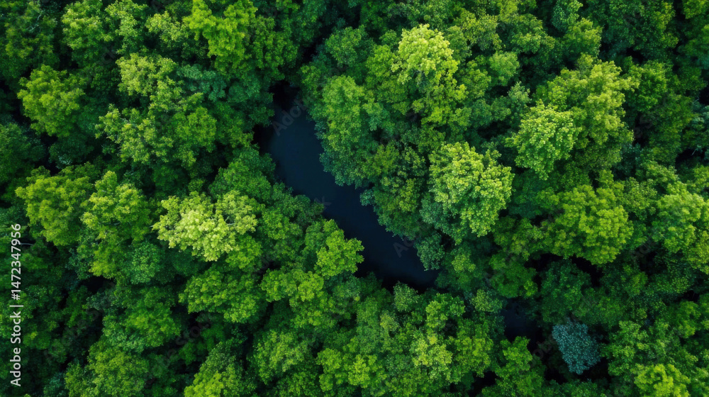 Naklejka premium Aerial view of lush green mangrove forest with a dark, winding river snaking through the dense canopy, showcasing vibrant foliage and natural beauty. : Generative AI