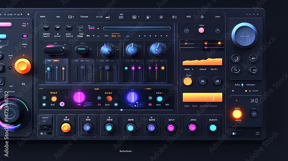 Futuristic dark digital audio interface with glowing knobs, sliders, buttons, and displays for sound manipulation Futuristic dark digital audio interface with glowing knobs, sliders, buttons, and displays for sound manipulation
