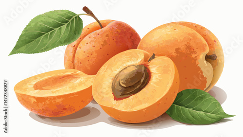 Fresh Apricots with Halved Fruit on Clean White Background – Minimalist Food Photography with Copy Space