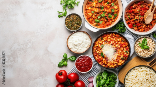 Wallpaper Mural A vibrant overhead shot showcases various Italian dishes: gnocchi in tomato sauce, hearty vegetable stew, and creamy sauces, alongside fresh basil, tomatoes, and parmesan cheese. : Generative AI Torontodigital.ca
