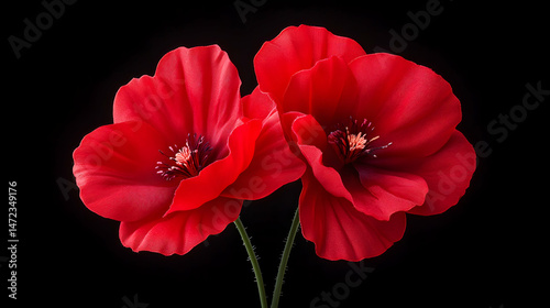 Two vibrant red poppies on a dark background