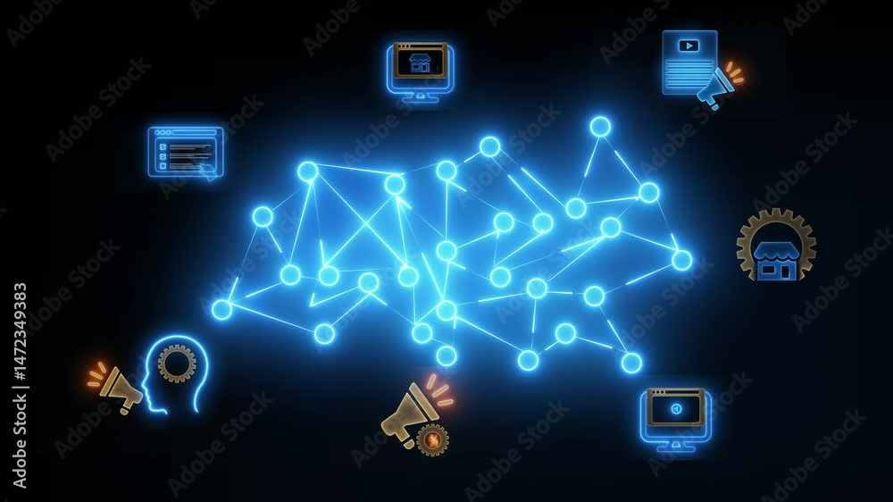 Digital marketing concept on transparent background. promotion of brands and products using digital channels like the internet, social media, email to connect with potential customers. 4k video.