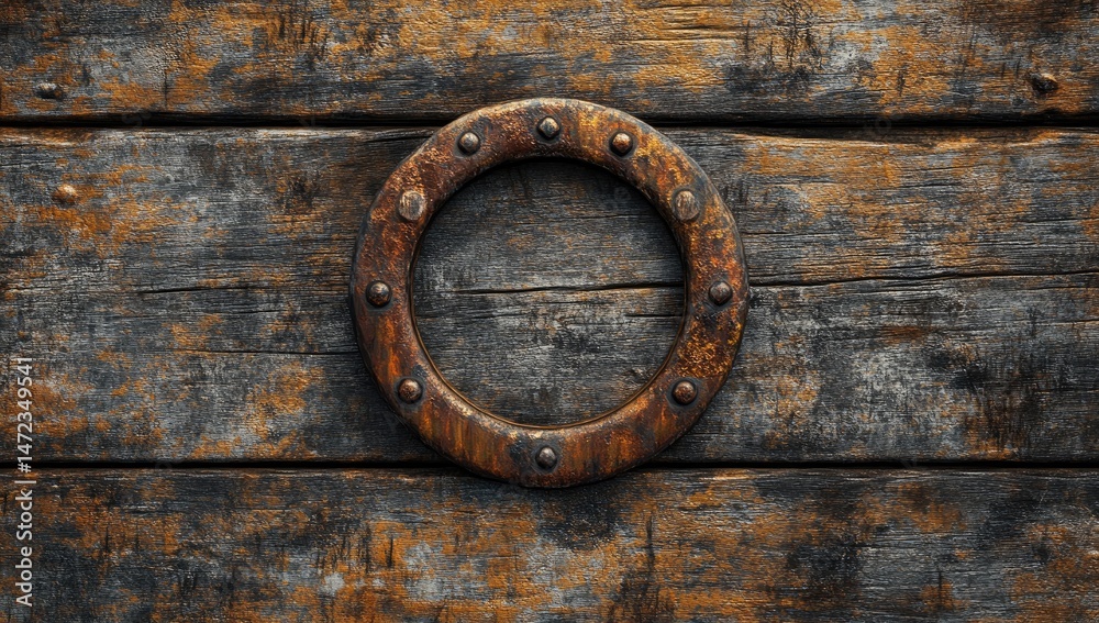 Circular Metal Port Hole in Weathered Wood Circular Metal Port Hole in Weathered Wood