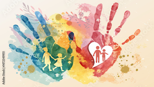 Vibrant Watercolor Handprint Background – Playful Parent-Child Bond Design with Copy Space"
