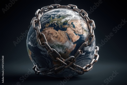 A Rusted Globe Bound By Chains Against A Dark Background
