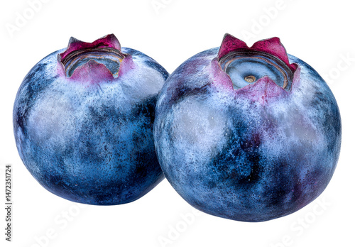 fresh blueberries, two ripe berries on white background.