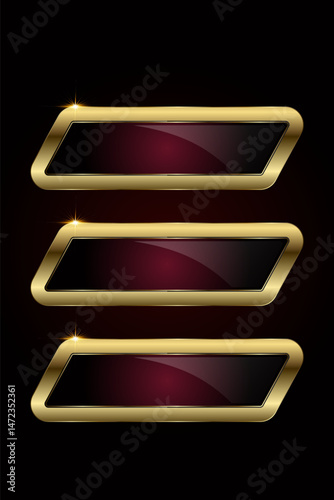 Set of three horizontally stretched button with a golden beveled frame and a deep glossy center, radiating class and modernity. three Luxury gold circle button