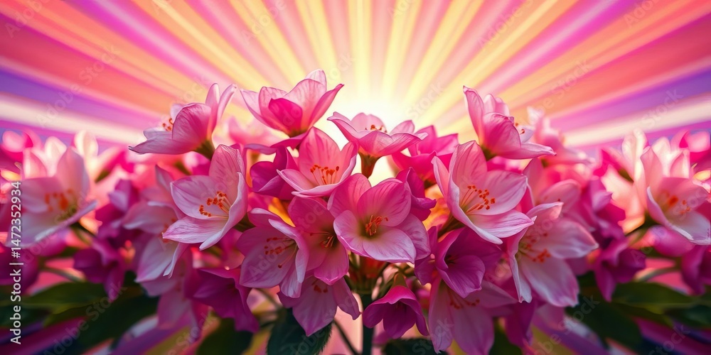 Fototapeta premium Asymmetrical abstract spring blooms, vibrant sunburst background, artwork, blue