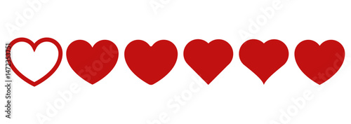 heart set in red colour, love heart icon vector. Red heart in set vector image on white background. red heart icon set vector. Various simple red vector heart love icon. Heart collection. Vector art.