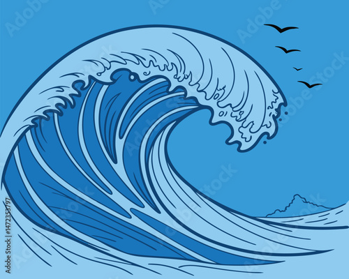 Powerful Ocean Wave Illustration with Birds and Distant Island