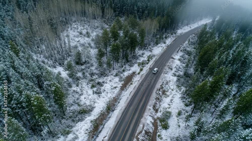 Aerial view of a car traveling on a highway through a snow covered forest in winter with white birch trees and evergreen trees Aerial view of a car traveling on a highway through a snow covered forest in winter with white birch trees and evergreen trees