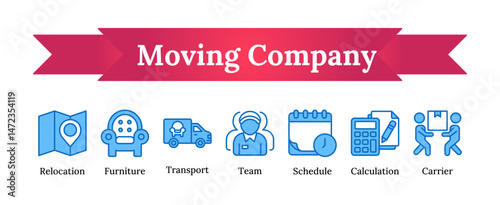 Moving Company Icons - clean and modern blue fill outline icon set - relocation services, moving businesses, logistics, delivery services