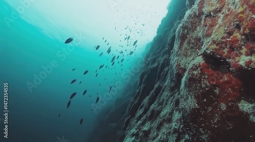 Underwater scene showcasing diverse fish swimming near a coral rocky formation, vibrant colors highlighting marine life. photo