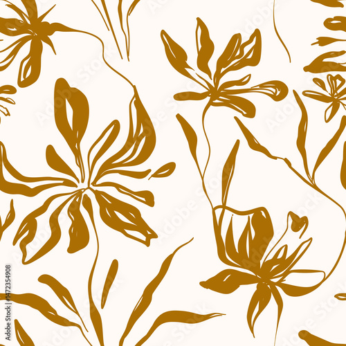 Seamless floral ink pattern with beige delicate handmade flowers on light brown background vintage vector texture for fabric ceramic decor greeting cards wallpaper wrapping paper and surface design