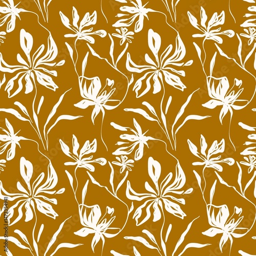 Seamless floral bitmap pattern with dainty beige handmade flowers dark gray background vintage ink texture for fabric greeting cards ceramic decor wrapping paper wallpaper and textile surface design