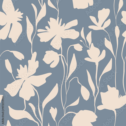 Seamless floral ink pattern with beige delicate vintage flowers on burgundy background, handmade botanical vector texture for fabric, ceramic design, greeting cards, wallpaper and textile prints